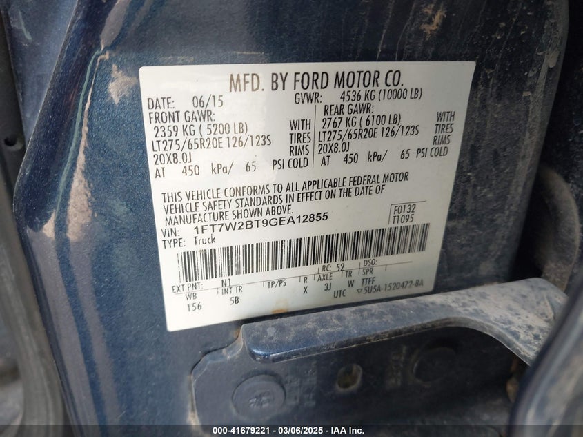 2016 FORD F-250 VIN: 1FT7W2BT9GEA12855