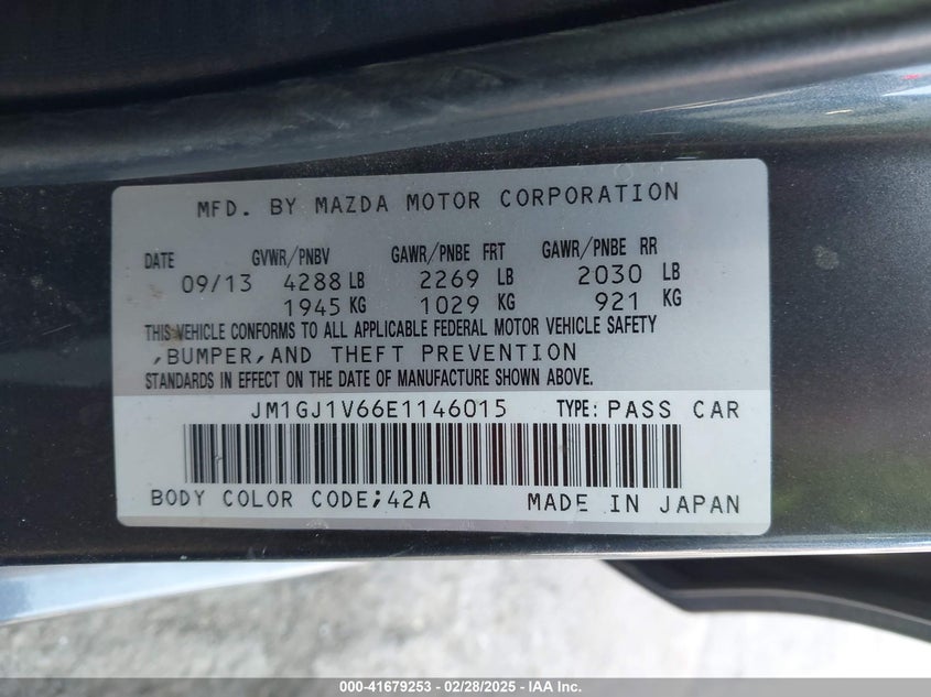 2014 MAZDA MAZDA6 VIN: JM1GJ1V66E1146015
