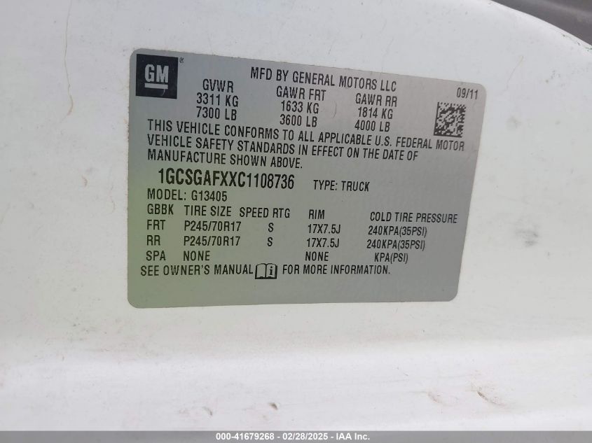 2012 Chevrolet Express 1500 Work Van VIN: 1GCSGAFXXC1108736 Lot: 41679268