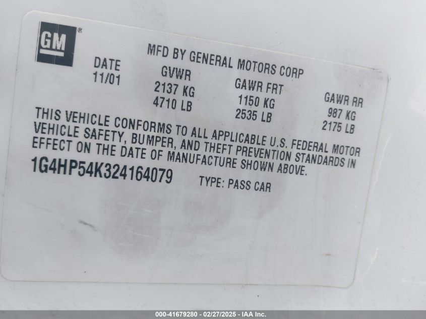 2002 Buick Lesabre Custom VIN: 1G4HP54K324164079 Lot: 41679280