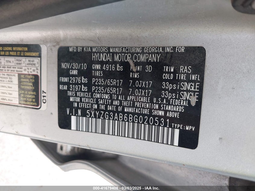 2011 Hyundai Santa Fe Gls VIN: 5XYZG3AB6BG020531 Lot: 41679408