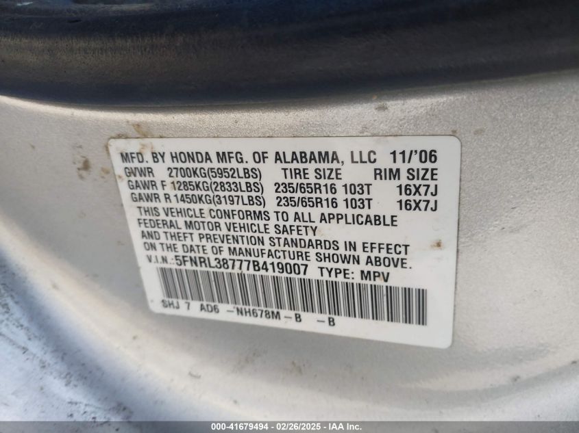 2007 Honda Odyssey Ex-L VIN: 5FNRL38777B419007 Lot: 41679494