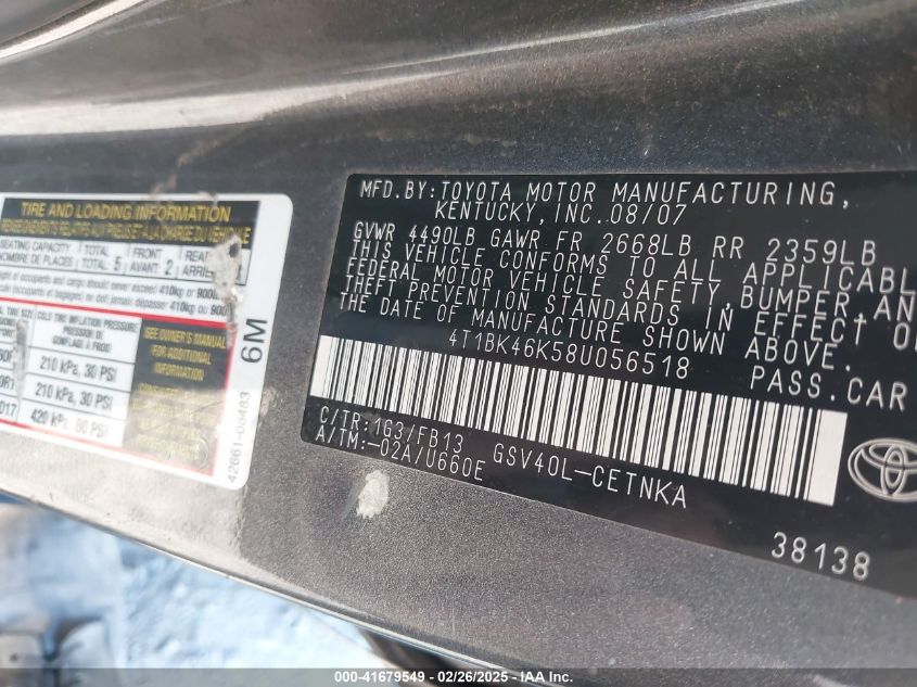 2008 Toyota Camry Le V6 VIN: 4T1BK46K58U056518 Lot: 41679549