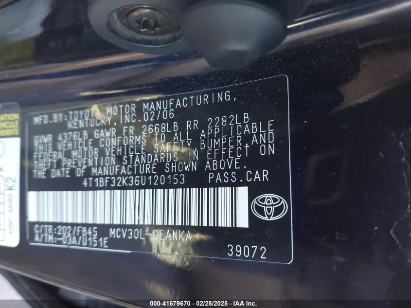 2006 Toyota Camry Le V6 VIN: 4T1BF32K36U120153 Lot: 41679670