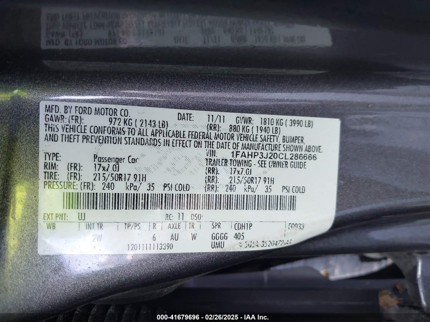 2012 FORD FOCUS VIN: 1FAHP3J20CL286666