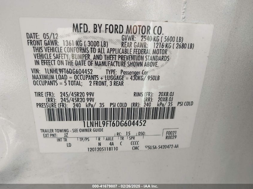 2013 Lincoln Mks Ecoboost VIN: 1LNHL9FT6DG604452 Lot: 41679807