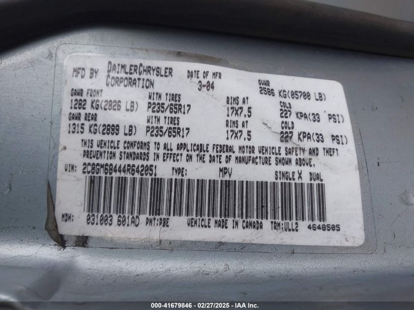 2004 Chrysler Pacifica VIN: 2C8GM68444R642051 Lot: 41679846