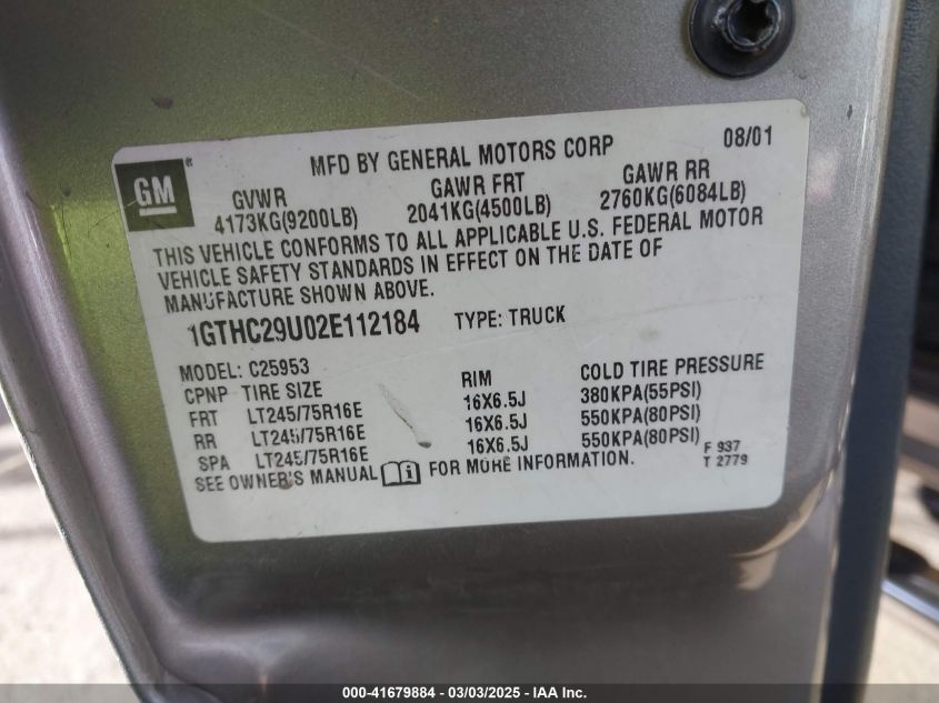 2002 GMC Sierra 2500Hd Sle VIN: 1GTHC29U02E112184 Lot: 41679884