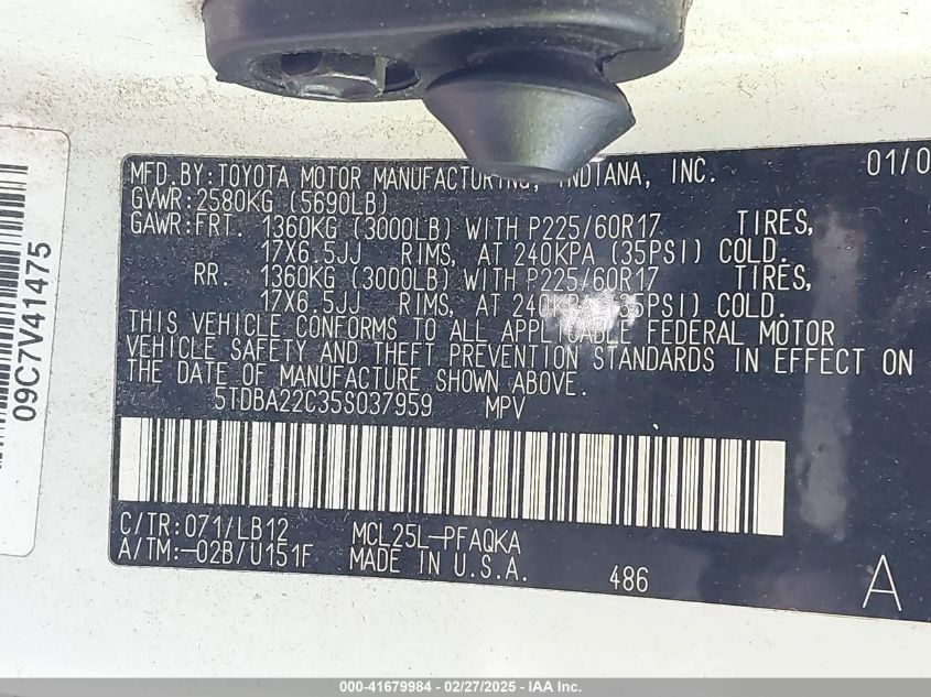 2005 Toyota Sienna Xle Limited VIN: 5TDBA22C35S037959 Lot: 41679984