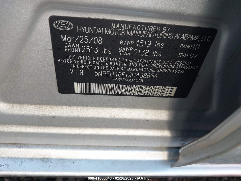 2009 HYUNDAI SONATA VIN: 5NPEU46F19H438684