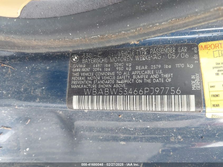 2006 BMW 330Ci VIN: WBABW53466PJ97756 Lot: 41680045
