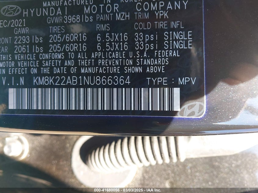 2022 HYUNDAI KONA VIN: KM8K22AB1NU866364