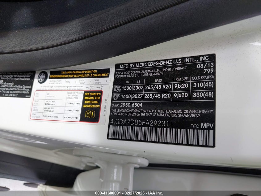 2014 MERCEDES-BENZ ML 550 4MATIC 4JGDA7DB5EA292311