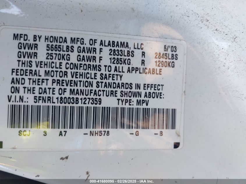 2003 Honda Odyssey Ex-L VIN: 5FNRL18003B127359 Lot: 41680095