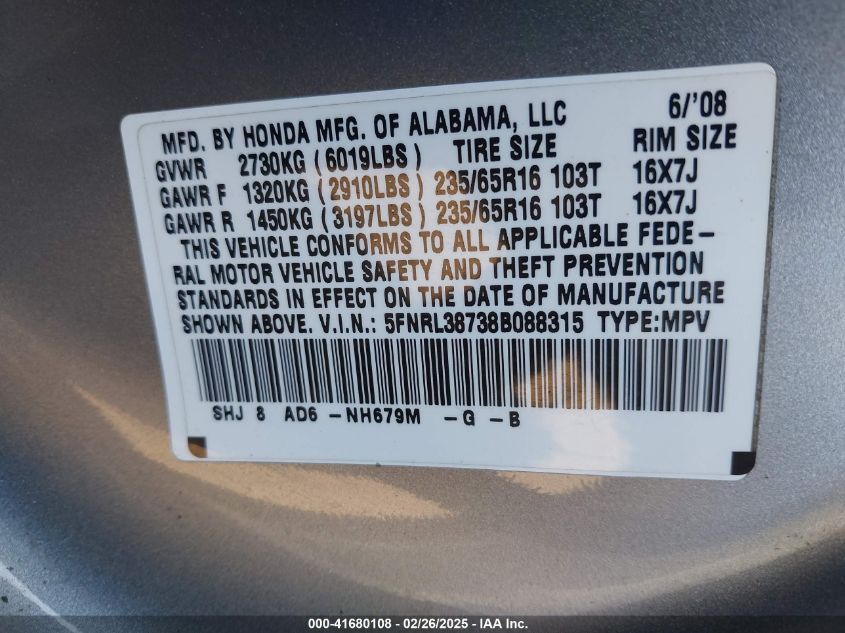 2008 Honda Odyssey Ex-L VIN: 5FNRL38738B088315 Lot: 41680108