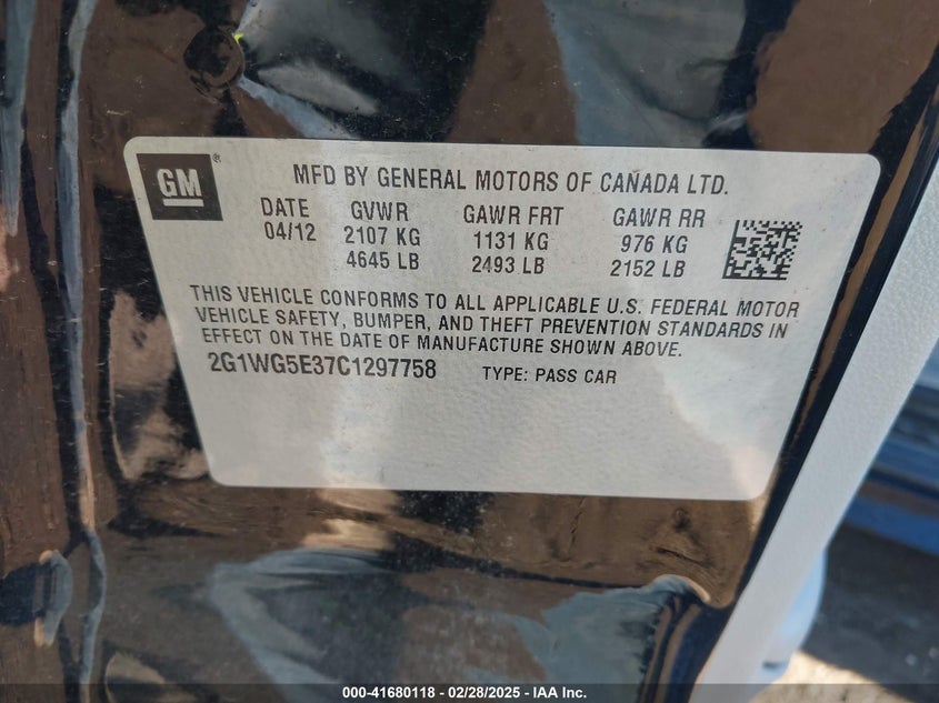 2012 CHEVROLET IMPALA VIN: 2G1WG5E37C1297758
