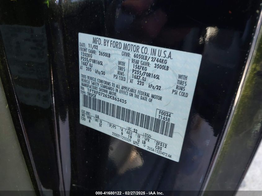 2003 Ford F-150 Xl/Xlt VIN: 1FTRF07263KB63435 Lot: 41680122