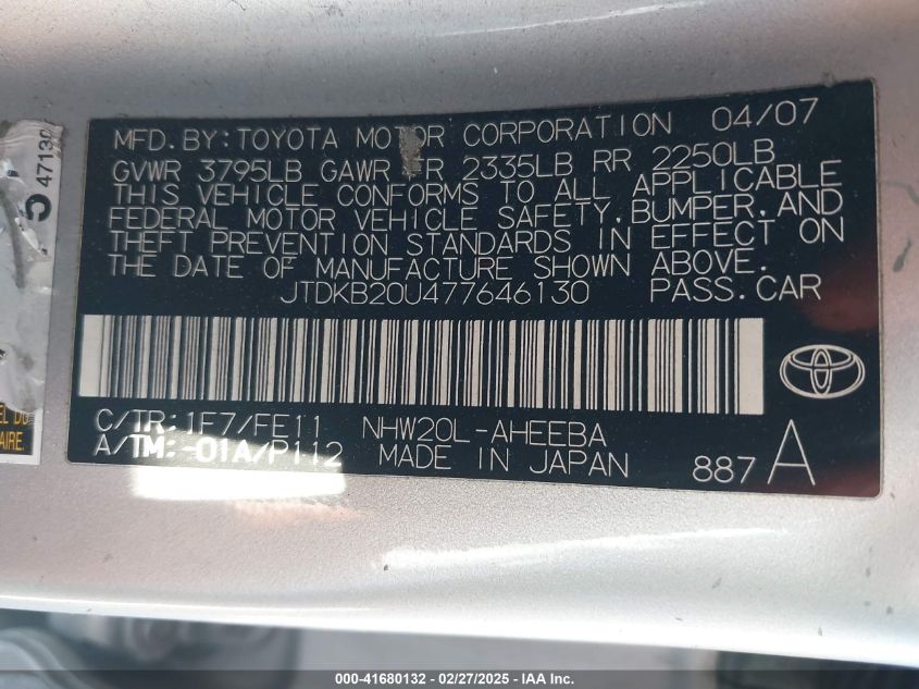 2007 Toyota Prius VIN: JTDKB20U477646130 Lot: 41680132