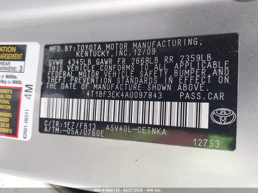 2010 TOYOTA CAMRY VIN: 4T1BF3EK4AU097843