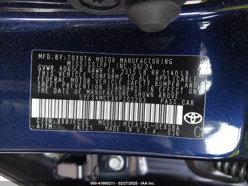 2024 Toyota Corolla Se VIN: 5YFS4MCEXRP203203 Lot: 41680211