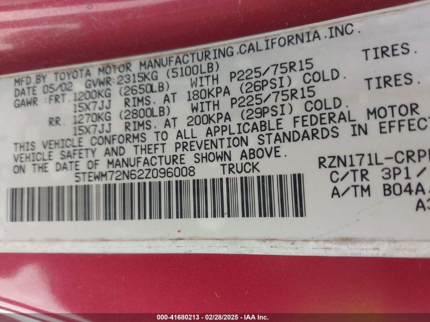 2002 Toyota Tacoma VIN: 5TEWM72N62Z096008 Lot: 41680213