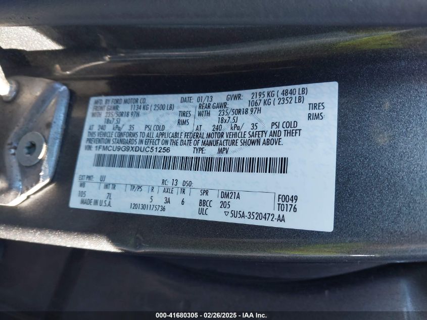 2013 Ford Escape Se VIN: 1FMCU9G9XDUC51256 Lot: 41680305