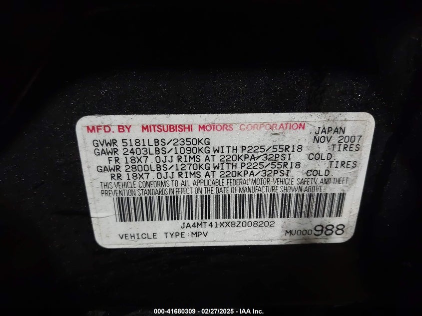 2008 Mitsubishi Outlander Xls VIN: JA4MT41XX8Z008202 Lot: 41680309