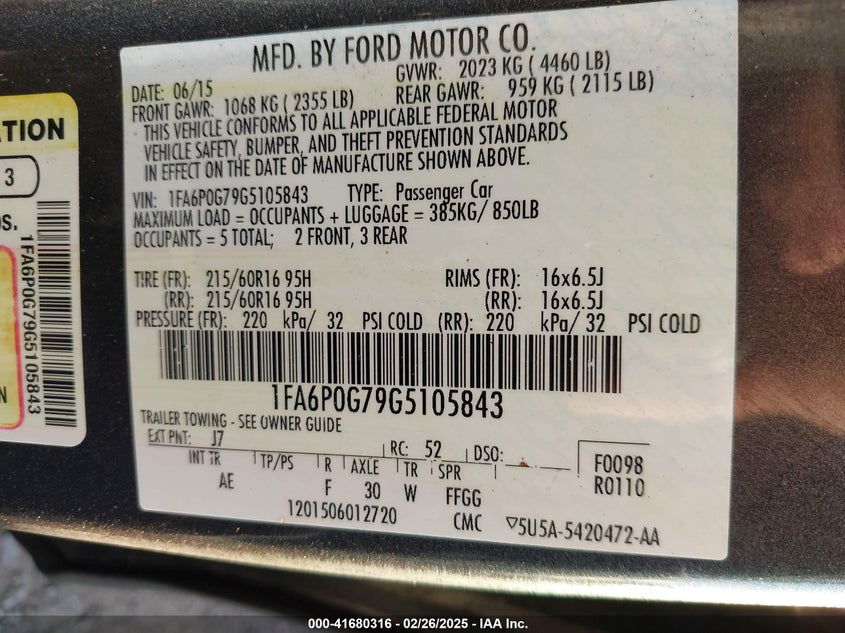 2016 FORD FUSION VIN: 1FA6P0G79G5105843