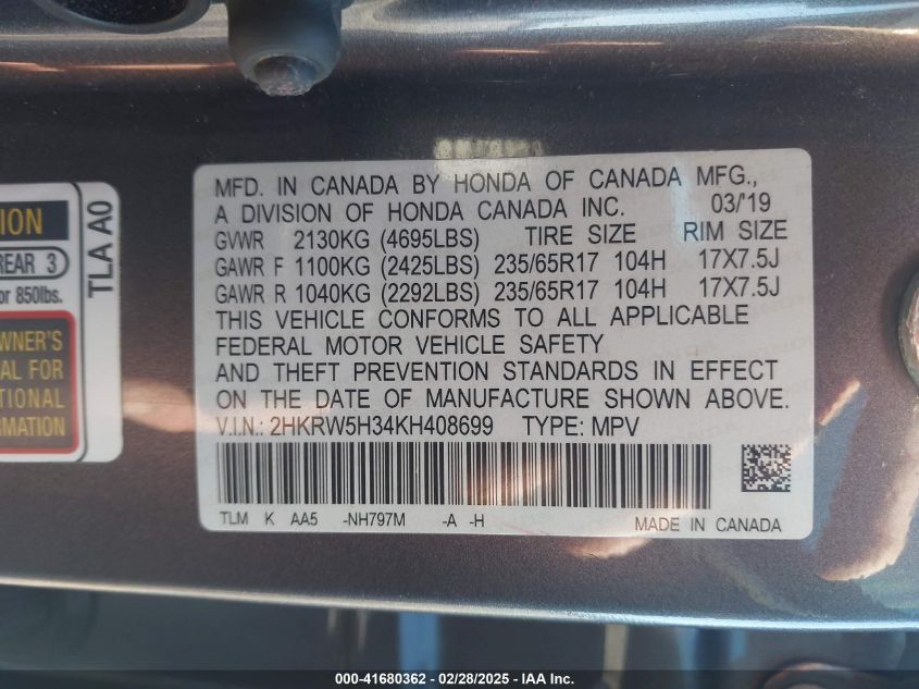 2019 Honda Cr-V Lx VIN: 2HKRW5H34KH408699 Lot: 41680362