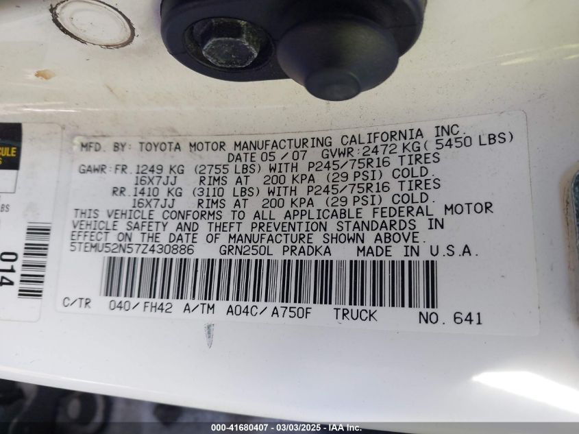 2007 Toyota Tacoma Base V6 VIN: 5TEMU52N57Z430886 Lot: 41680407