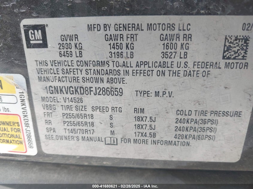 2015 CHEVROLET TRAVERSE VIN: 1GNKVGKD8FJ286659