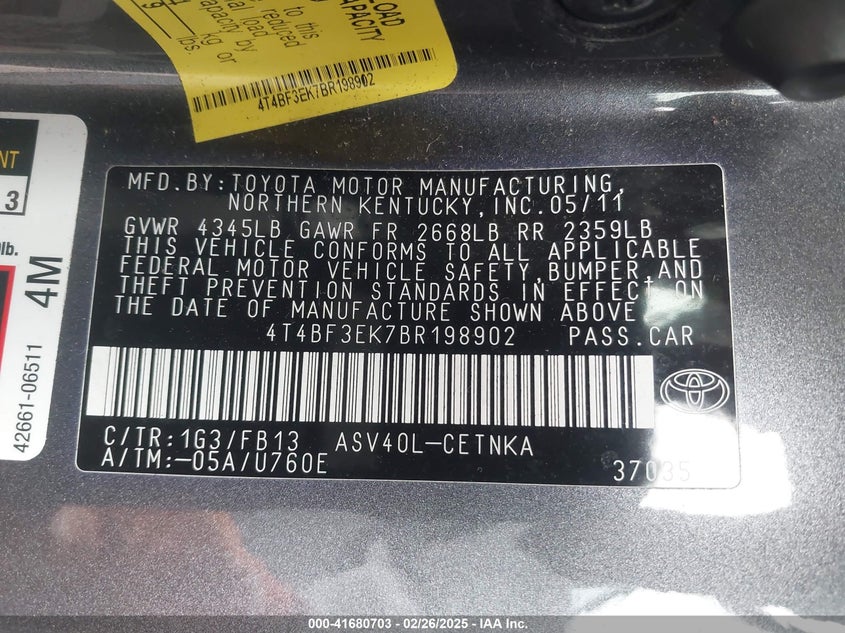 2011 TOYOTA CAMRY VIN: 4T4BF3EK7BR198902