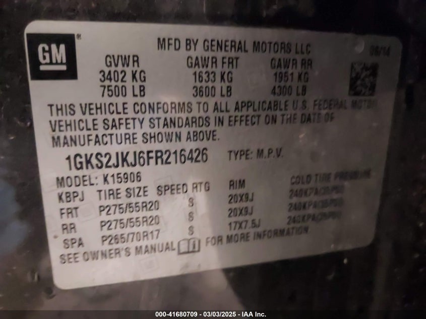 2015 GMC YUKON XL 1500 VIN: 1GKS2JKJ6FR216426
