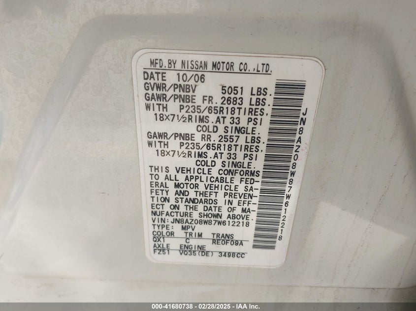 2007 Nissan Murano Sl VIN: JN8AZ08W87W612218 Lot: 41680738
