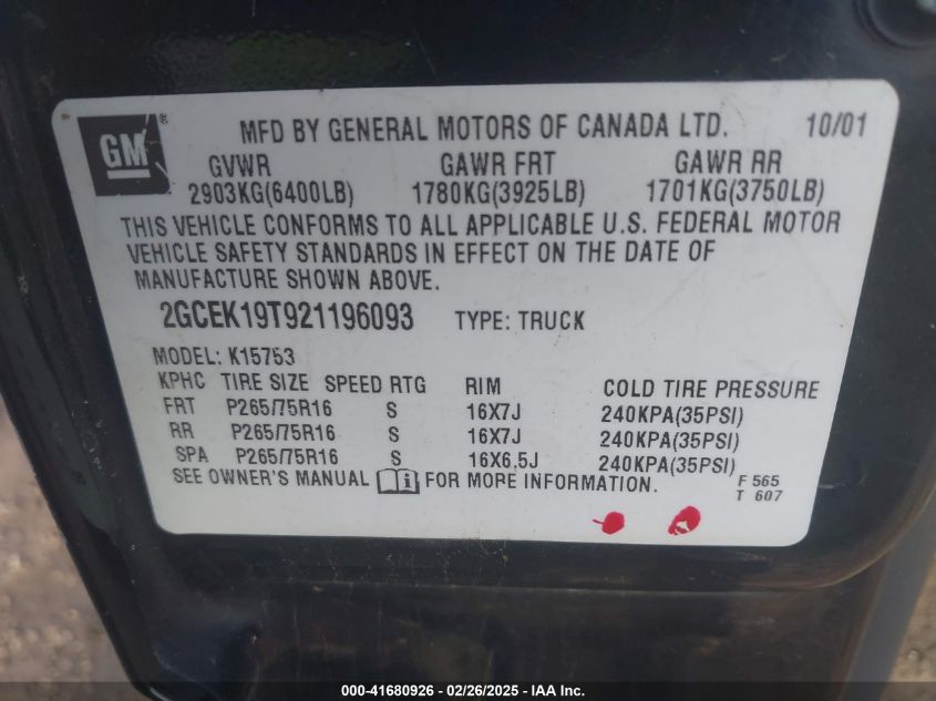 2002 Chevrolet Silverado 1500 Lt VIN: 2GCEK19T921196093 Lot: 41680926