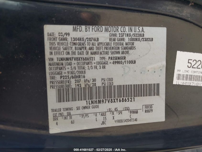 1999 Lincoln Continental VIN: 1LNHM97V8XY686521 Lot: 41681027