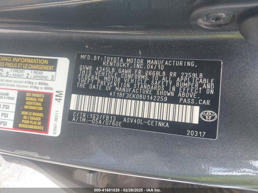 2011 TOYOTA CAMRY VIN: 4T1BF3EK0BU142259