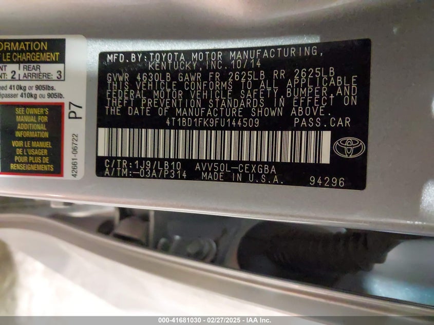2015 TOYOTA CAMRY HYBRID VIN: 4T1BD1FK9FU144509