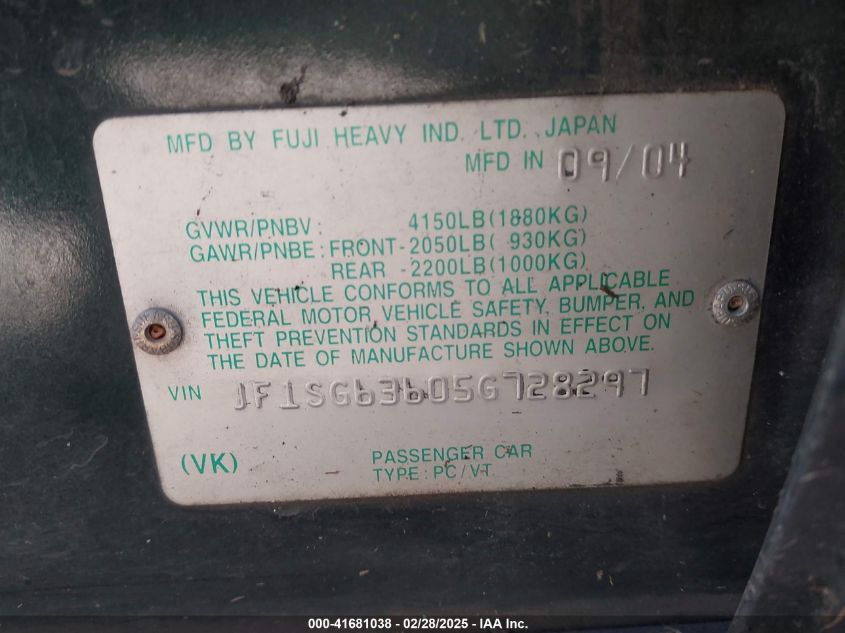 2005 Subaru Forester 2.5X VIN: JF1SG63605G728297 Lot: 41681038