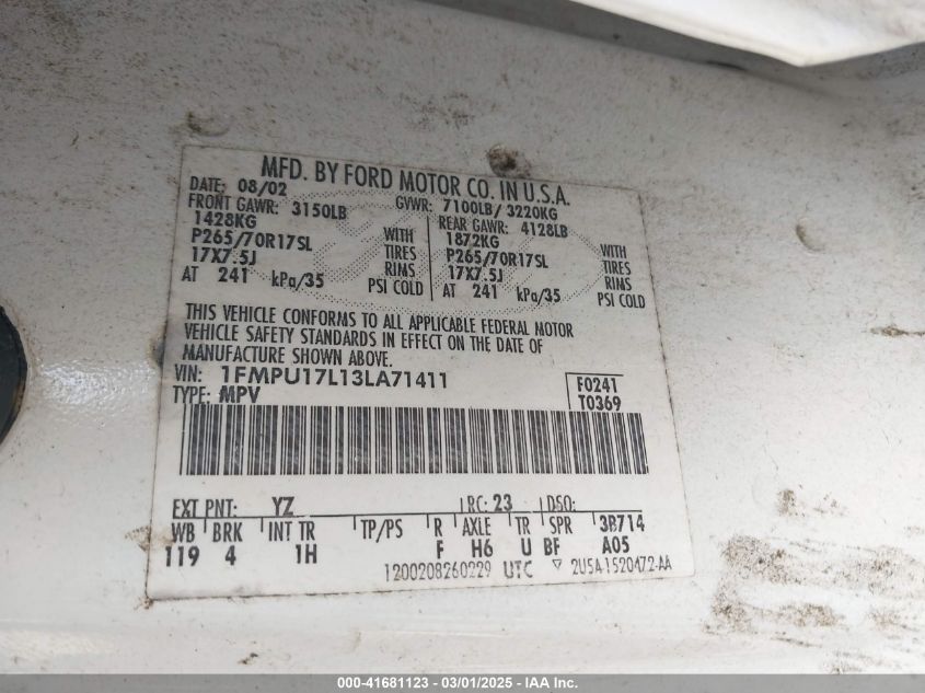 2003 Ford Expedition Eddie Bauer VIN: 1FMPU17L13LA71411 Lot: 41681123