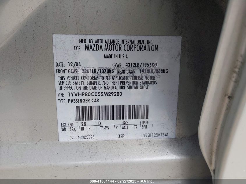 2005 Mazda Mazda6 I Sport VIN: 1YVHP80C055M29280 Lot: 41681144