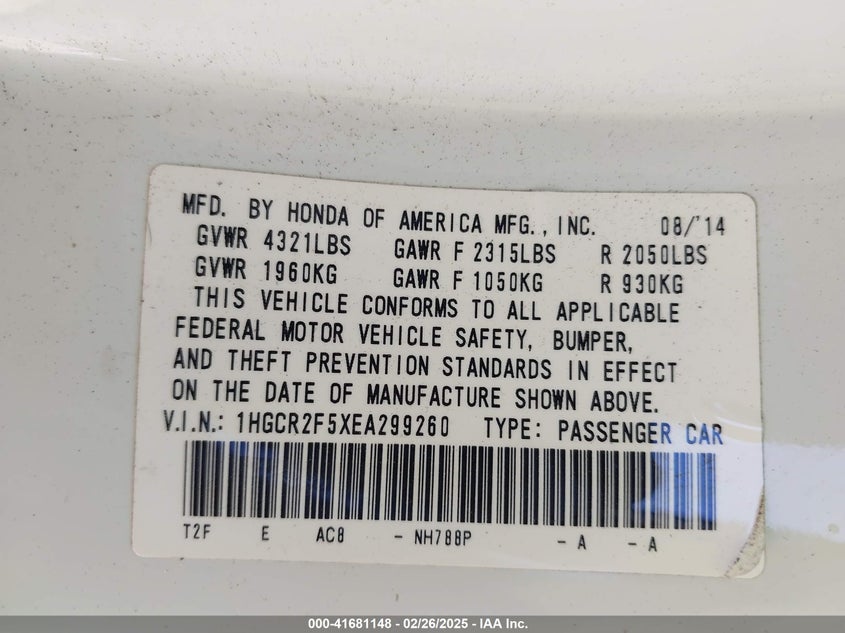 2014 HONDA ACCORD VIN: 1HGCR2F5XEA299260