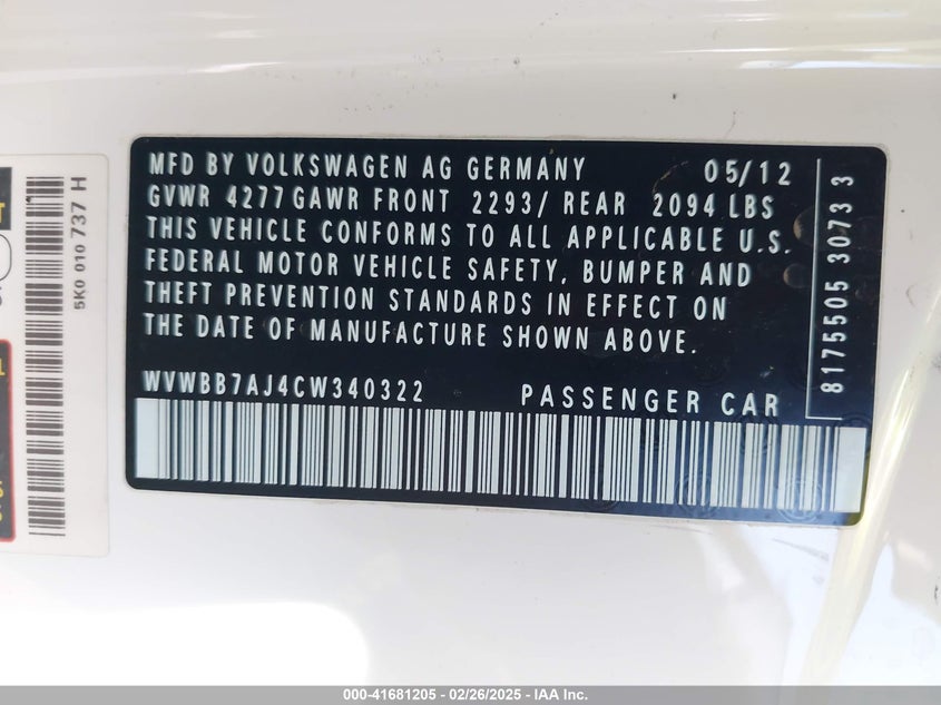 2012 VOLKSWAGEN GOLF VIN: WVWBB7AJ4CW340322