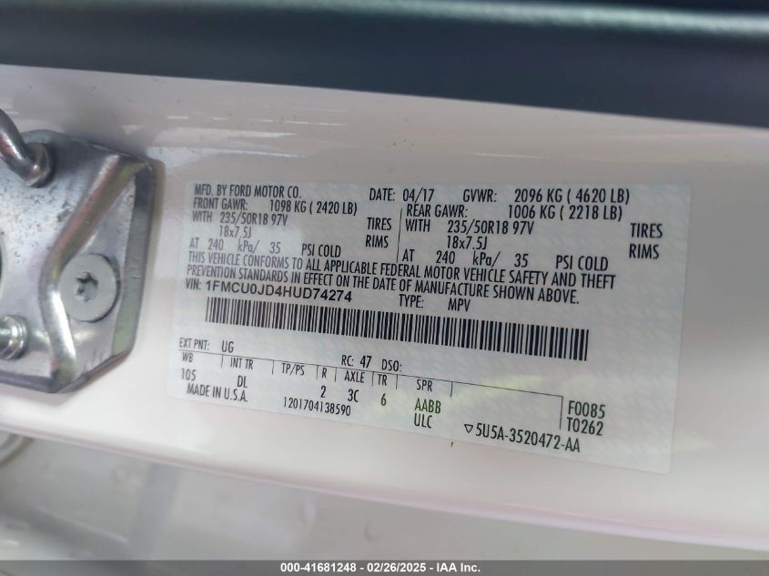 2017 Ford Escape Titanium VIN: 1FMCU0JD4HUD74274 Lot: 41681248