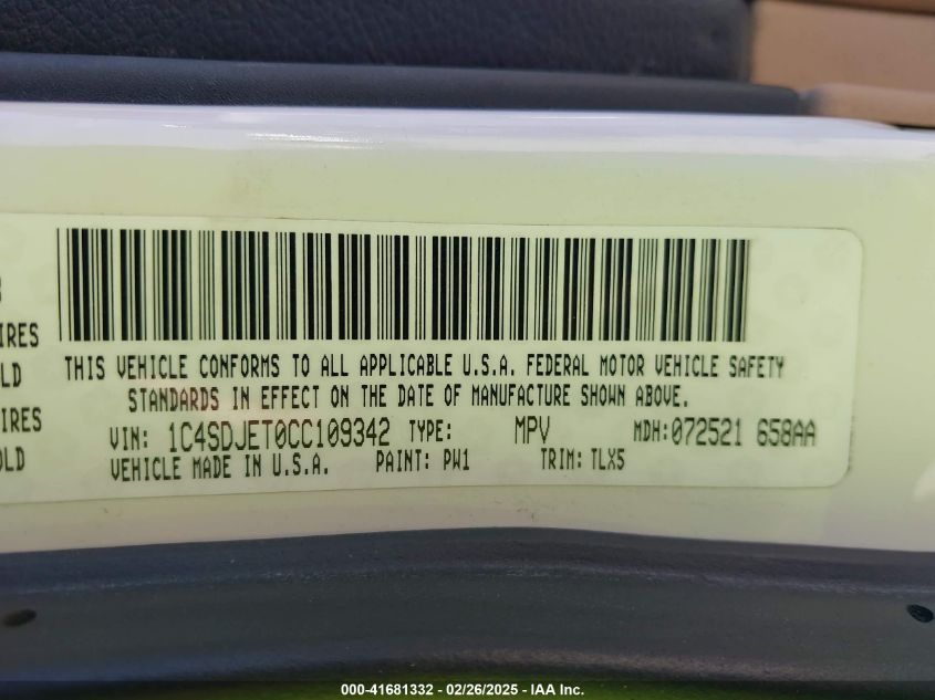 2012 Dodge Durango Citadel VIN: 1C4SDJET0CC109342 Lot: 41681332