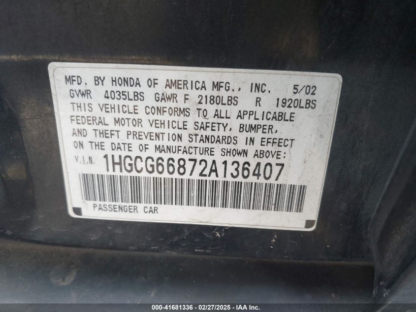 2002 Honda Accord 2.3 Ex/2.3 Se VIN: 1HGCG66872A136407 Lot: 41681336