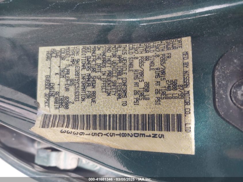 2000 Nissan Xterra Se/Xe VIN: 5N1ED28T5YC516333 Lot: 41681346