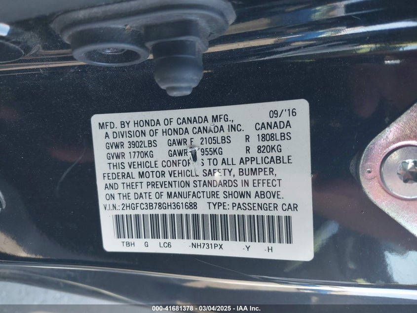 2016 HONDA CIVIC VIN: 2HGFC3B78GH361688