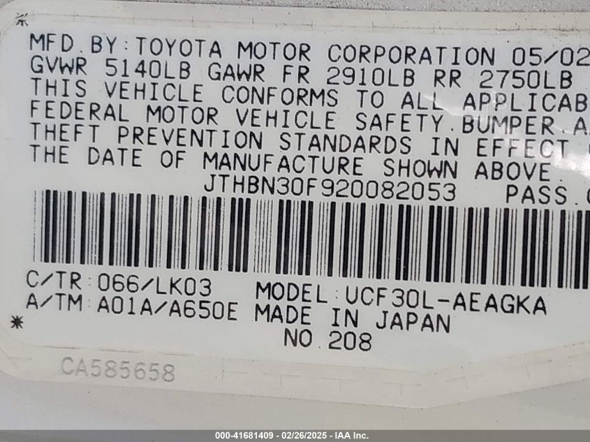 2002 Lexus Ls 430 VIN: JTHBN30F920082053 Lot: 41681409