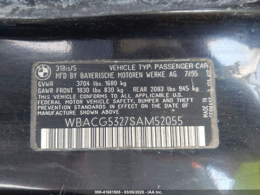 1995 BMW 318 Ti VIN: WBACG5327SAM52055 Lot: 41681505